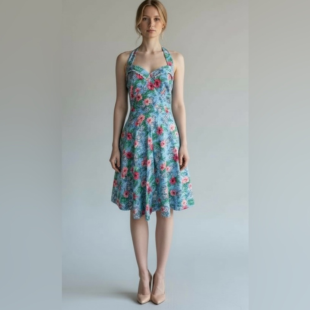 Hot Topic Halter Dress Tiki Floral Print Rockabilly Pinup Dress Small